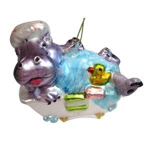 Hippopotamus In Bath Tub Rubber Ducky Mercury Style Glass Ornament NWT Large
